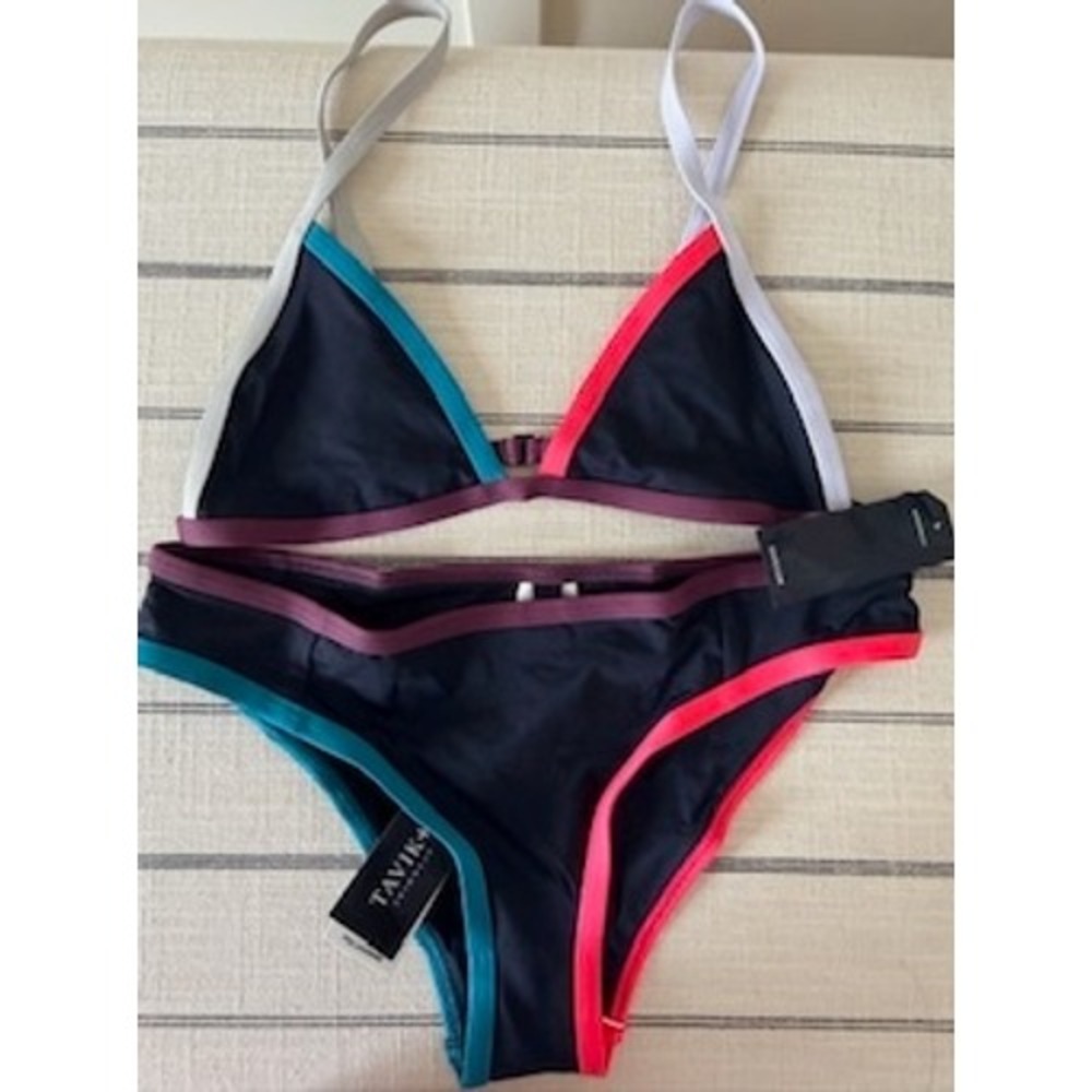 Tavik Swimwear Jessi Jett Bikini Set Navy Colorblock Triangle Top Bottoms NWT M